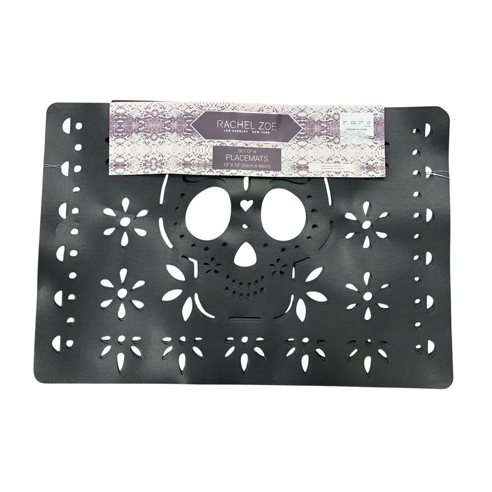 Halloween Rachel Zoe Spooky Skull Black Placemats 13x19 Set of 4 New